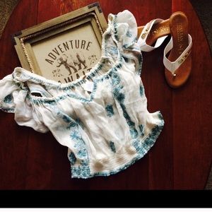 Free People Turquoise Embroidered Peasant Top